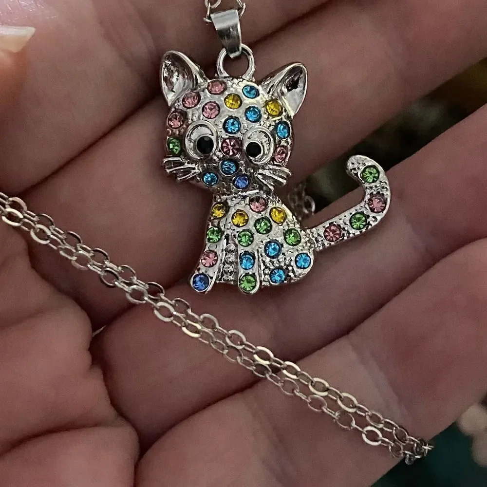 Kitty Cat CZ Silver Necklace